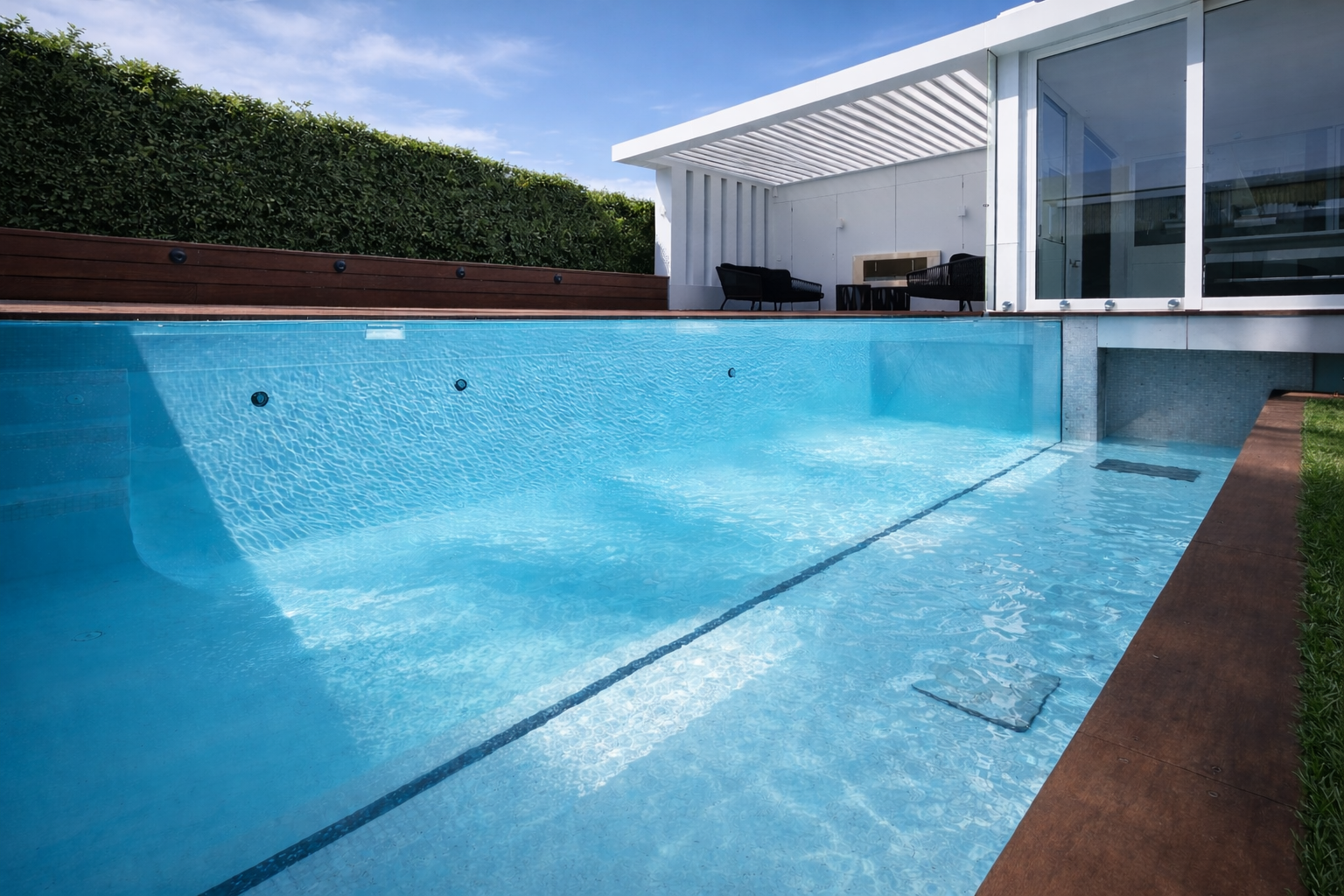 Three-sided acrylic pool window installation showcasing crystal clear underwater viewing in a modern luxury outdoor pool