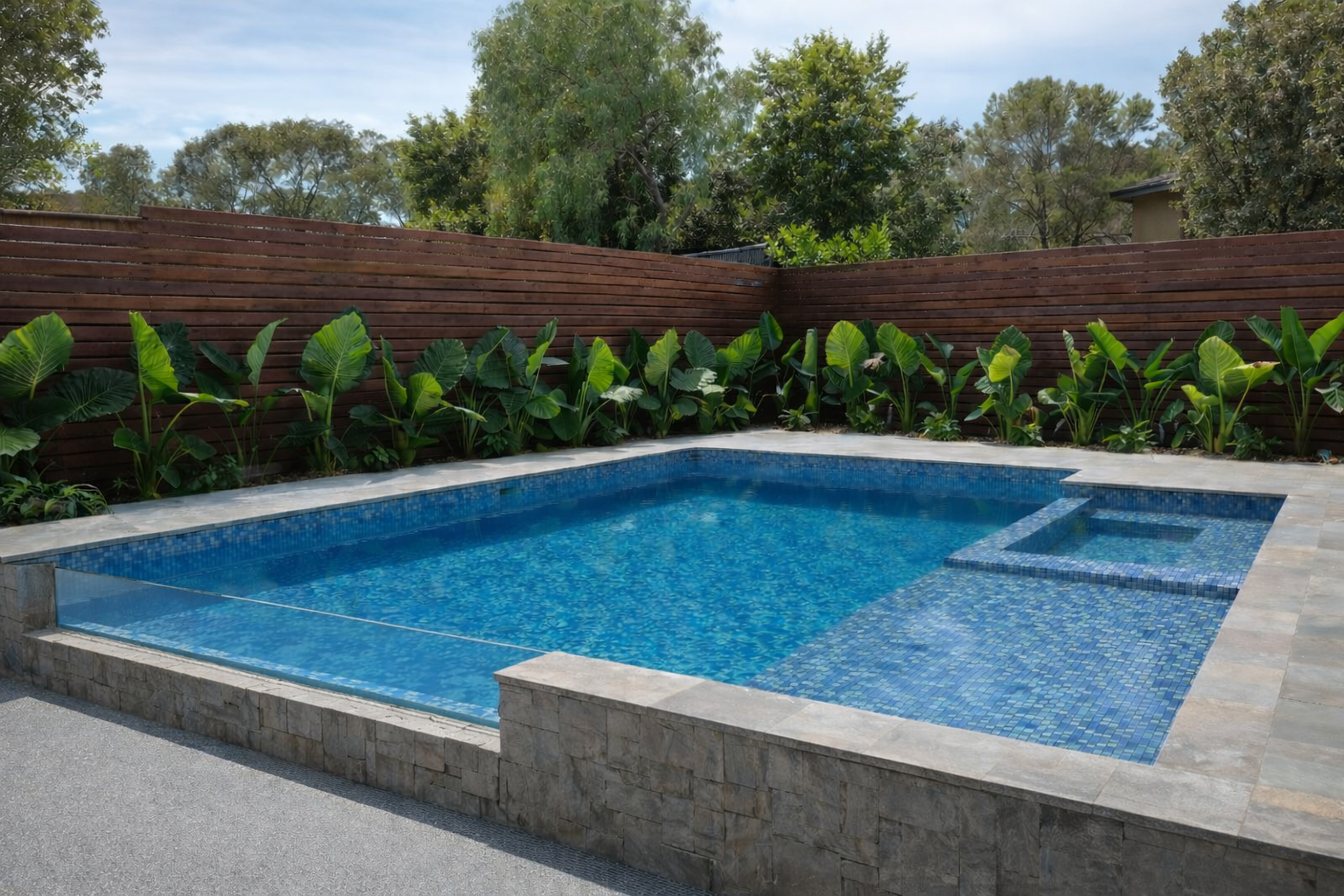 Modern backyard pool with blue mosaic tiles, timber slat fence, tropical foliage, and attached spa in clean contemporary design